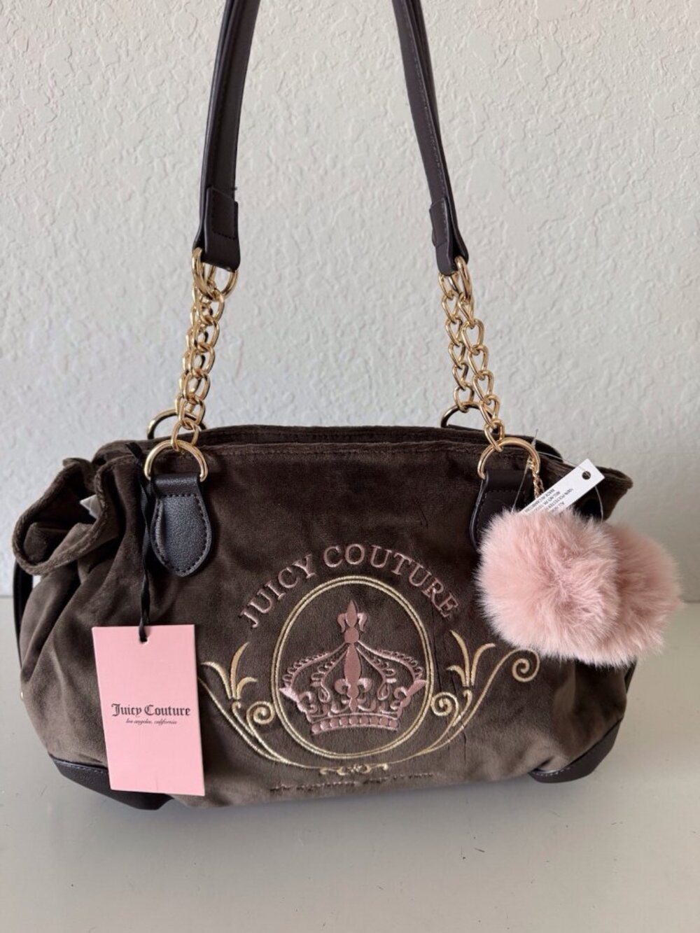 Juicy Couture Magnifique Satchel Bag Purse W/Pom Pom Charm Chocolate Brown NEW